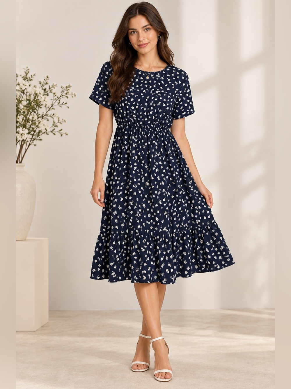 SHEIN Navy Blue Floral Midi Dress Women’s Size S